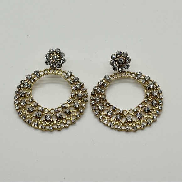 Gold Tone Rhinestones Dangle Drop Filigree Openwork Circle Hoop Fashion Earrings - Picture 7 of 8